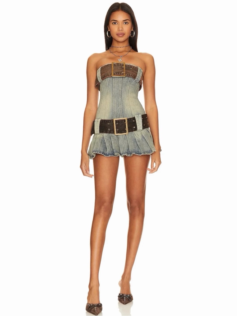 Jaded London chelsea Distressed Blue Denim kilt Strapless Mini Dress